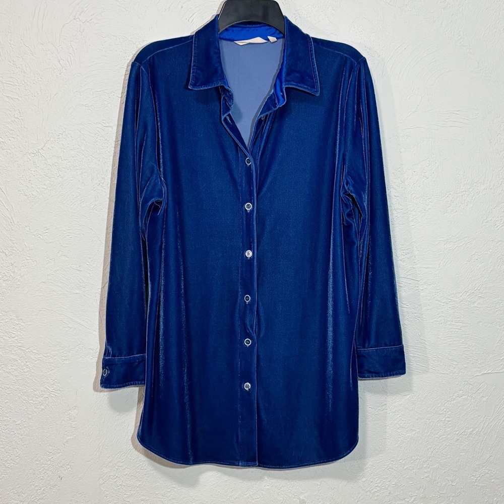 Soft Surroundings Velvet Tunic Women Medium Blue Button Down Long Sleeve Top